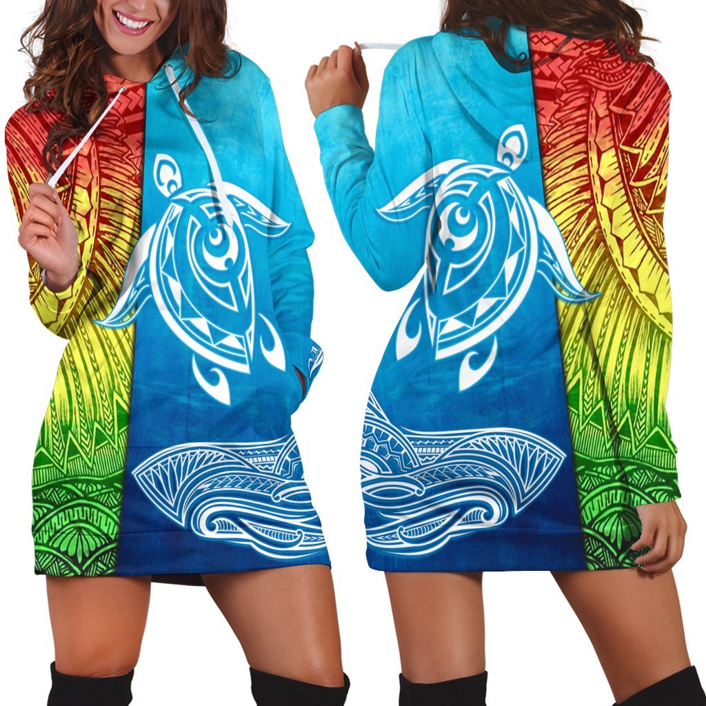 Hawaii Turtle Shark Polynesian And Sea Hoodie Dress - AH Black - Polynesian Pride