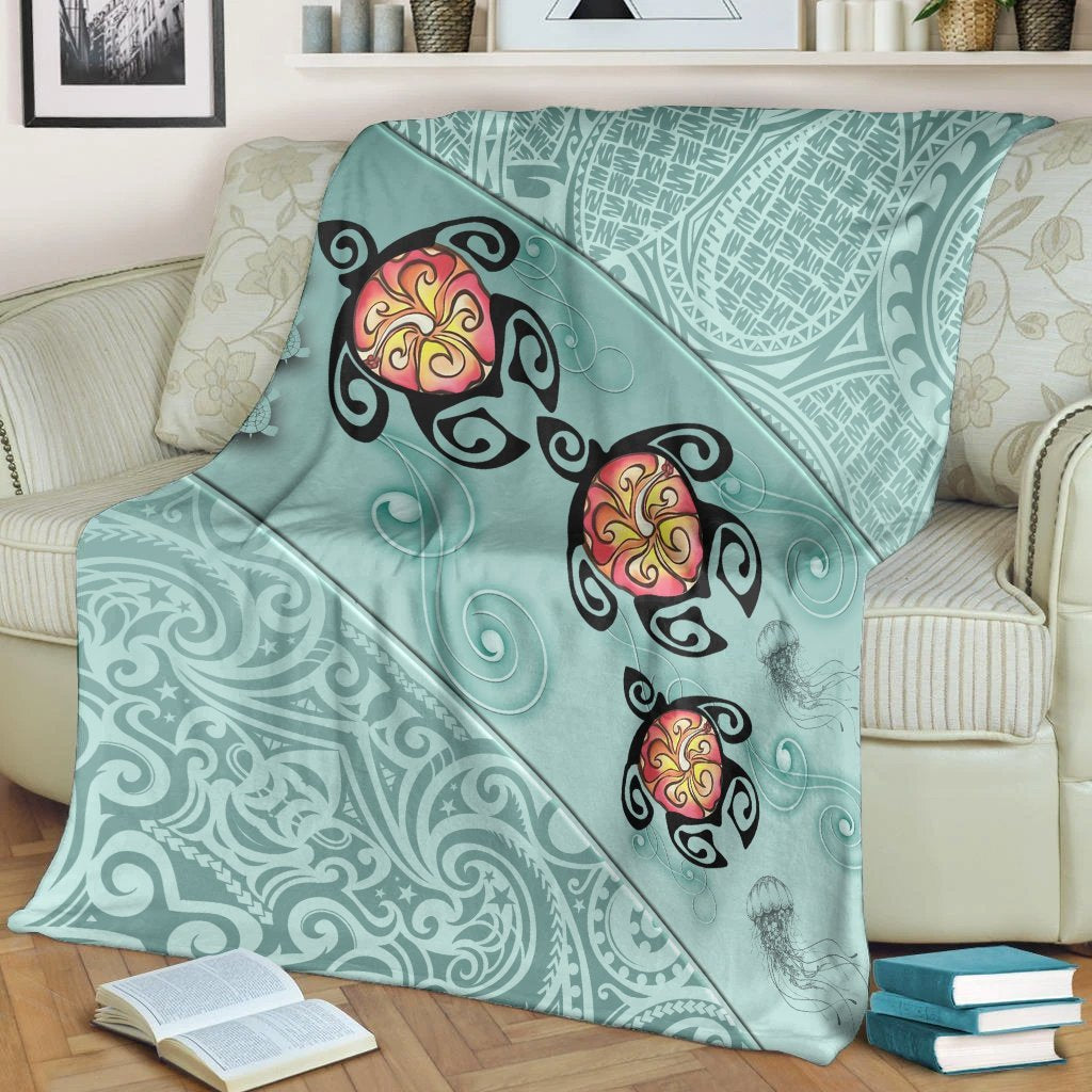 Hawaii Turtle Swimming Tribal Polynesian Premium Blankets - AH - Min Style - Polynesian Pride