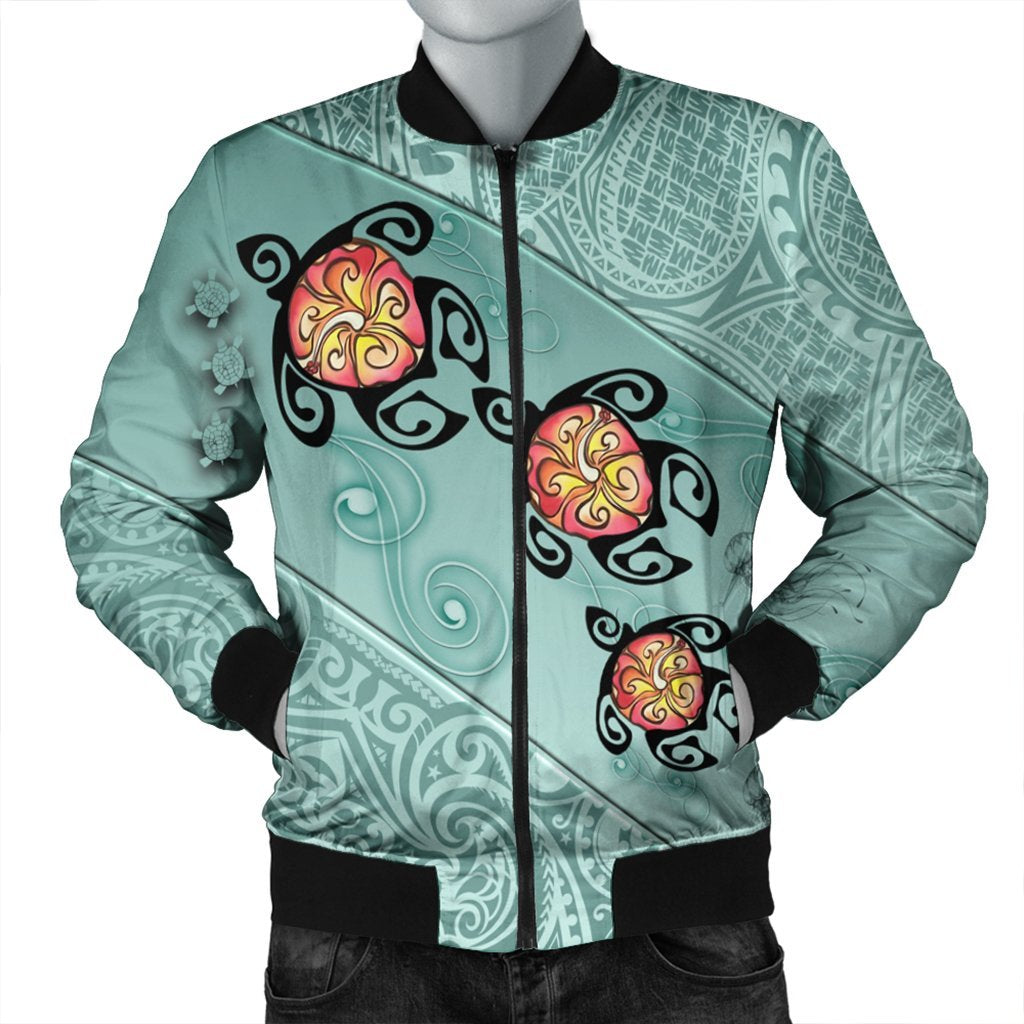 Hawaii Turtle Swimming Tribal Polynesian Bomber Jacket - AH - Min Style Black Unisex - Polynesian Pride