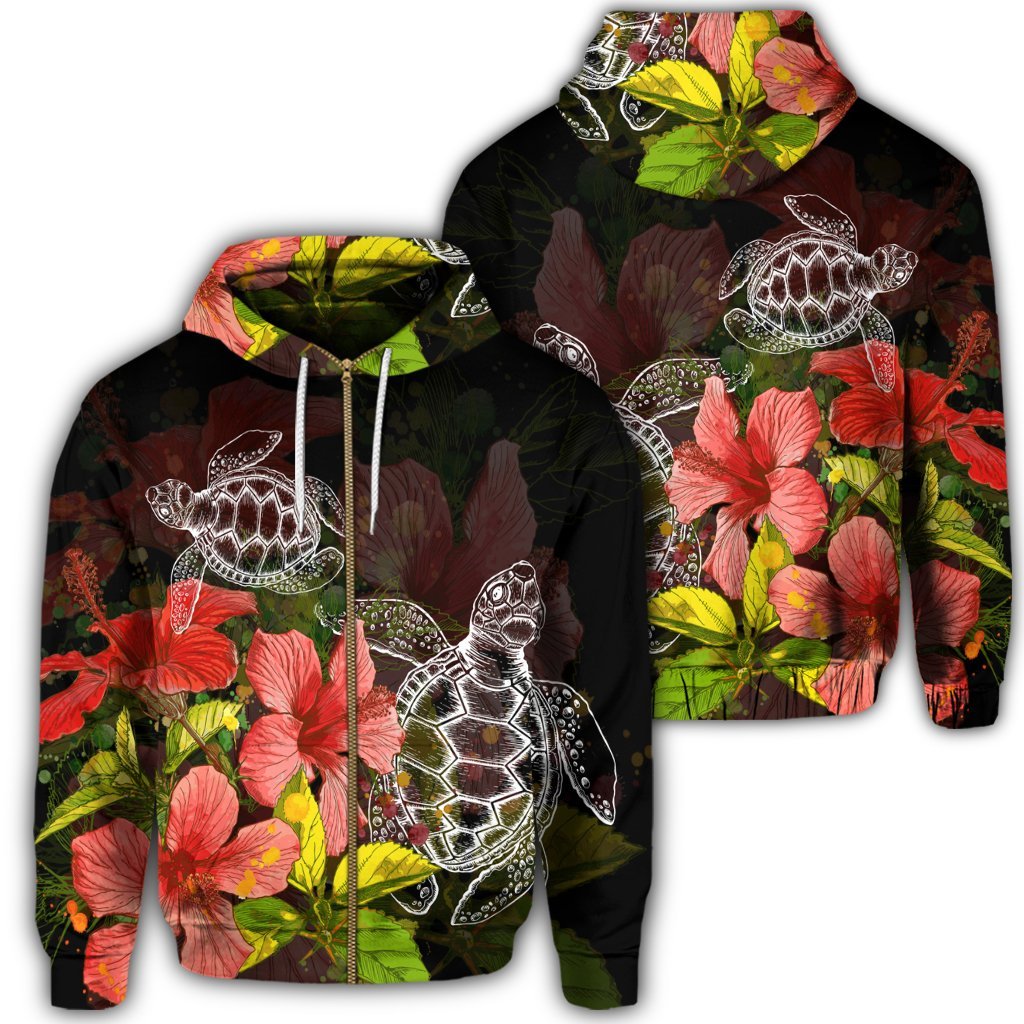 Hawaii Turtle Tree Hibiscus Zip Hoodie Unisex Art - Polynesian Pride