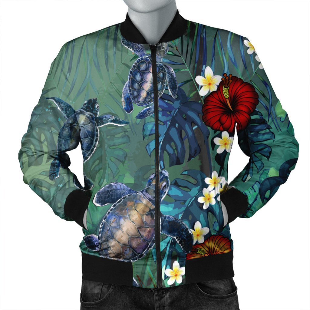 Hawaii Turtle Tropical Art Bomber Jacket - Hela Style - AH Black Unisex - Polynesian Pride