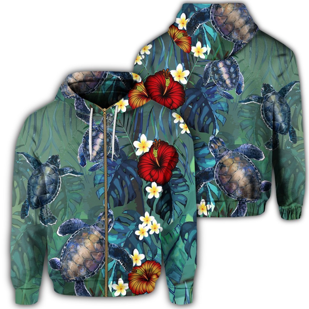 Hawaii Turtle Tropical Art Zip Hoodie Hela Style Unisex Art - Polynesian Pride