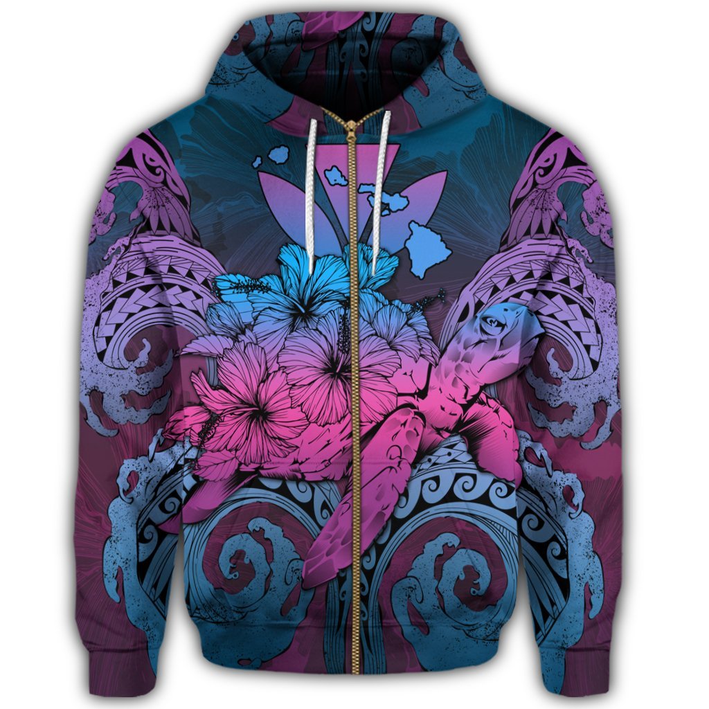 Hawaii Turtle Wave Polynesian Zip Hoodie Hey Style Blue - Polynesian Pride