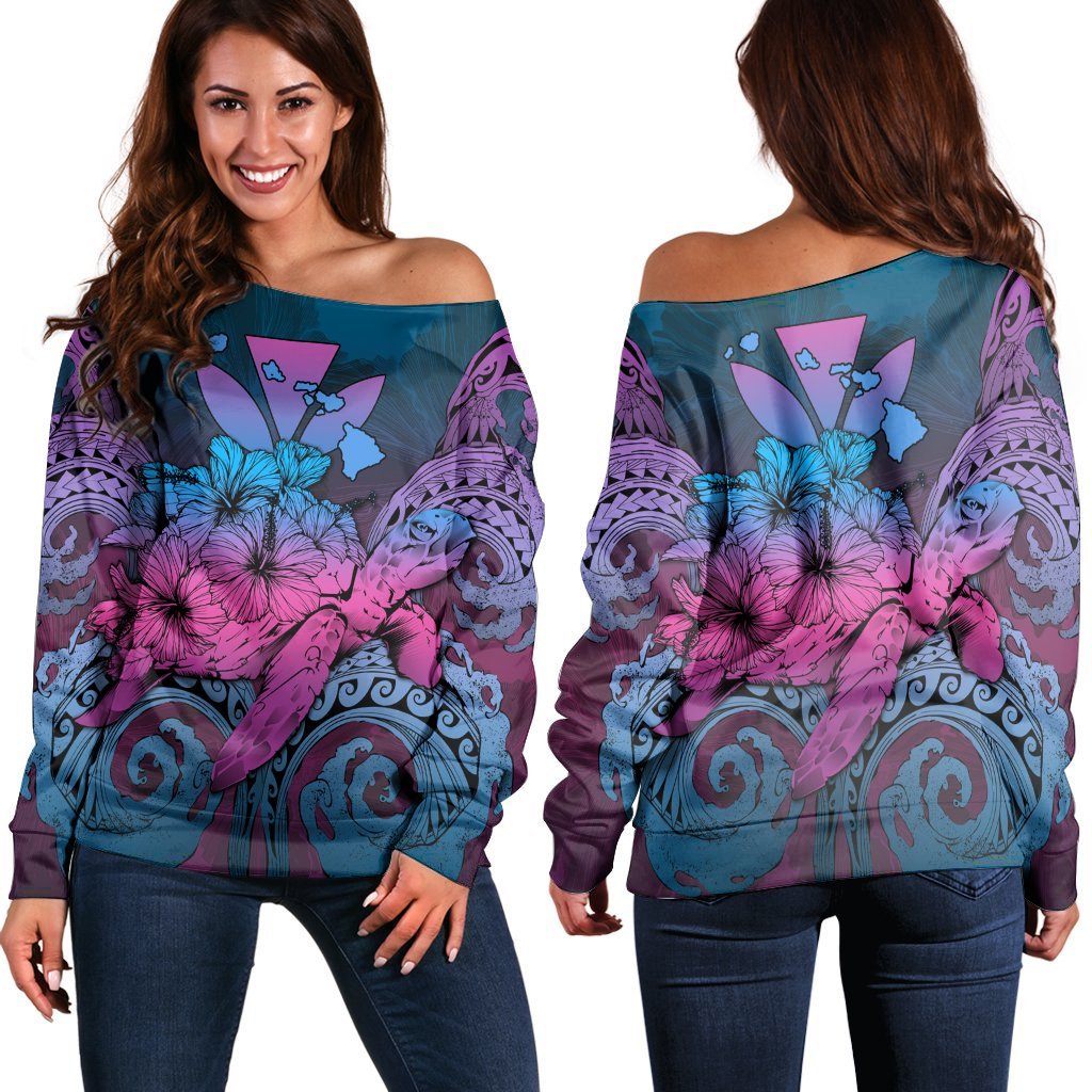 Hawaii Turtle Wave Polynesian Women's Off Shoulder Sweater - Hey Style Blue - AH Black - Polynesian Pride