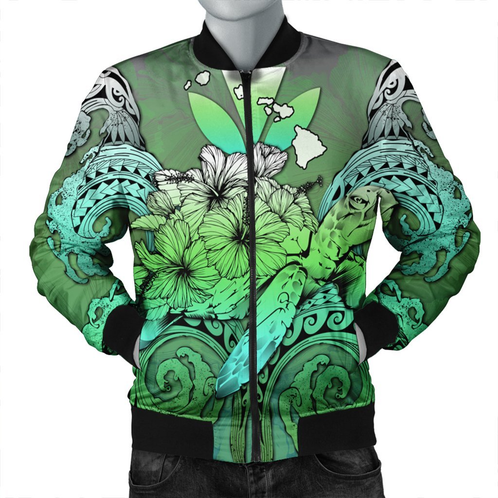 Hawaii Turtle Wave Polynesian Bomber Jacket - Hey Style Green - AH Black Unisex - Polynesian Pride