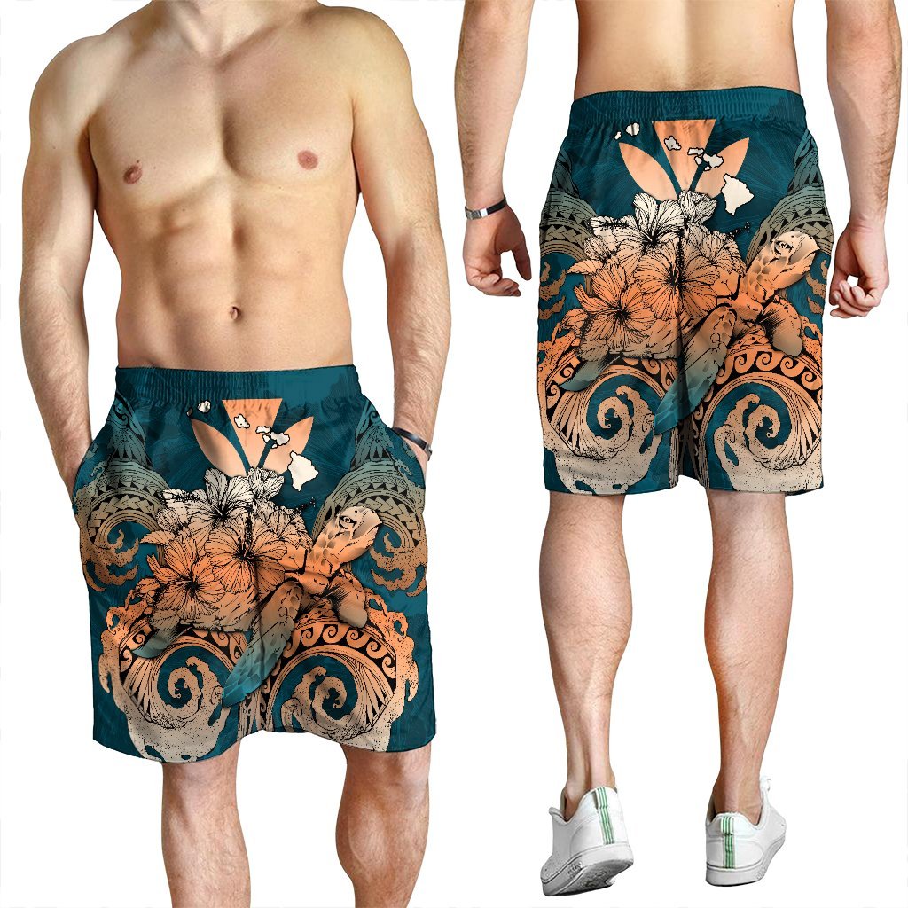 Hawaii Turtle Wave Polynesian Men's Shorts - Hey Style Orange - AH - Polynesian Pride