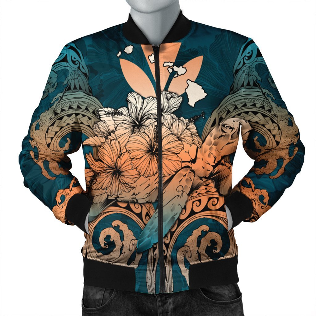 Hawaii Turtle Wave Polynesian Bomber Jacket - Hey Style Orange - AH Black Unisex - Polynesian Pride