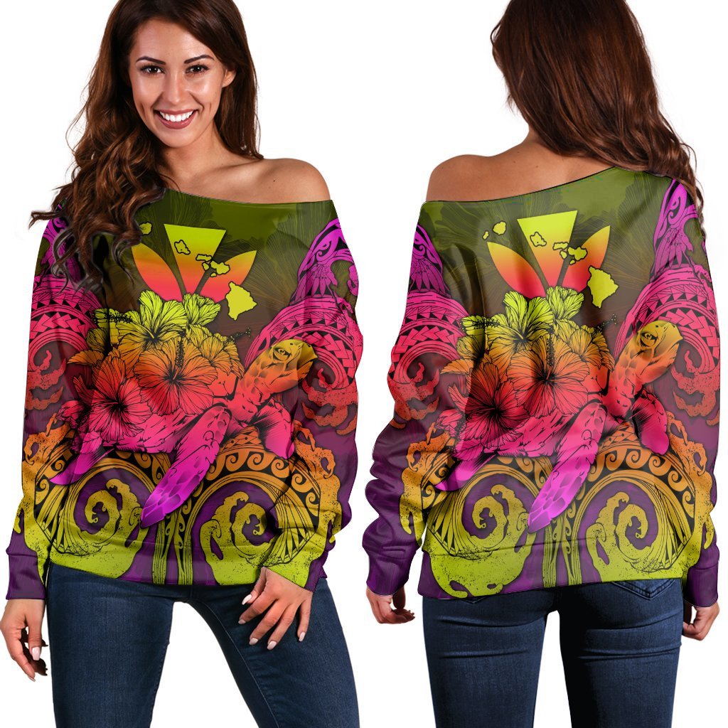 Hawaii Turtle Wave Polynesian Women's Off Shoulder Sweater - Hey Style Pinky - AH Black - Polynesian Pride