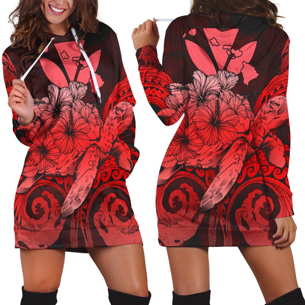 Hawaii Turtle Wave Polynesian Hoodie Dress - Hey Style Red - AH Black - Polynesian Pride