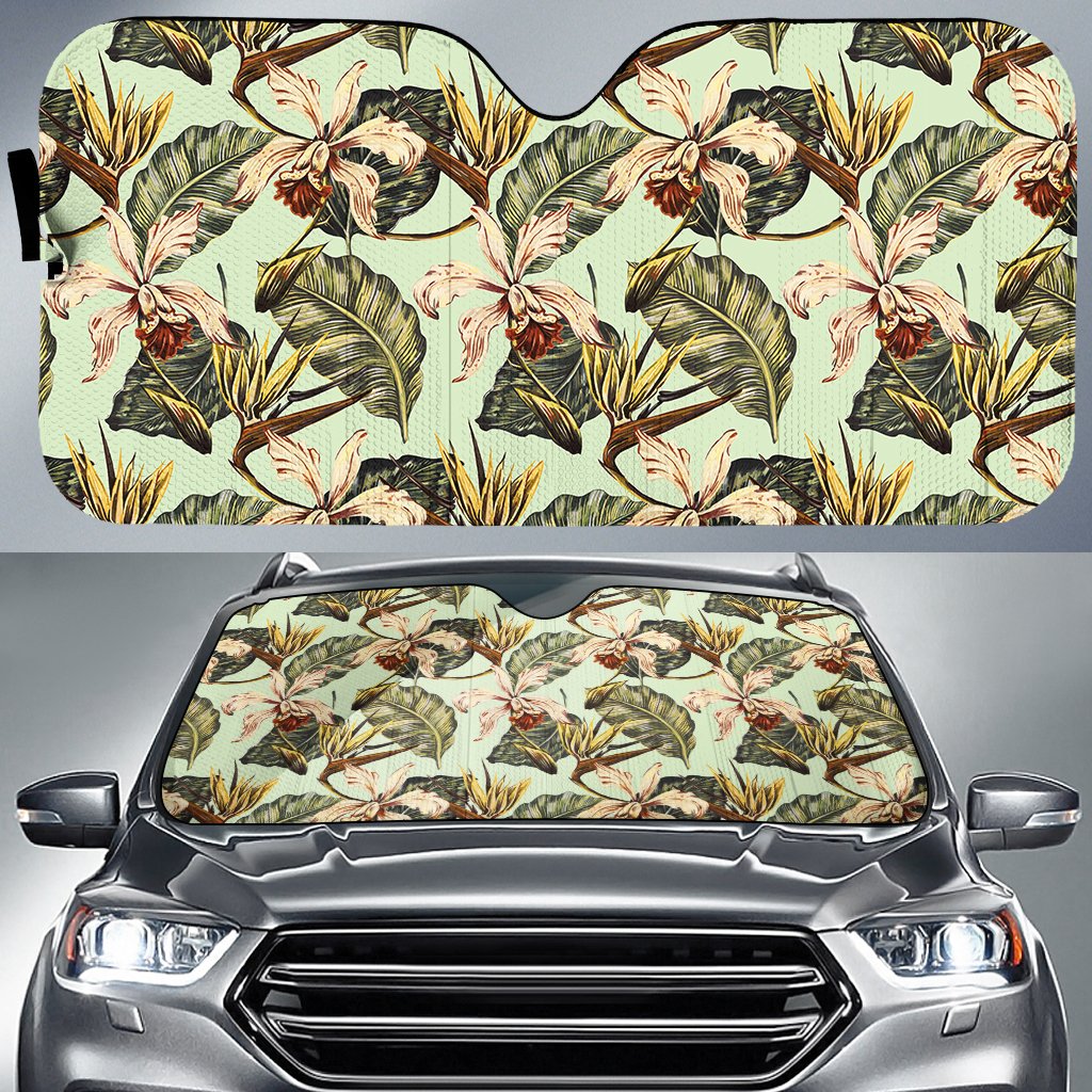 Hawaii Vintage Tropical Jungle Leaves Orchid Bird Hawaii Car Sun Shade Auto Sun Shade Universal Fit White - Polynesian Pride