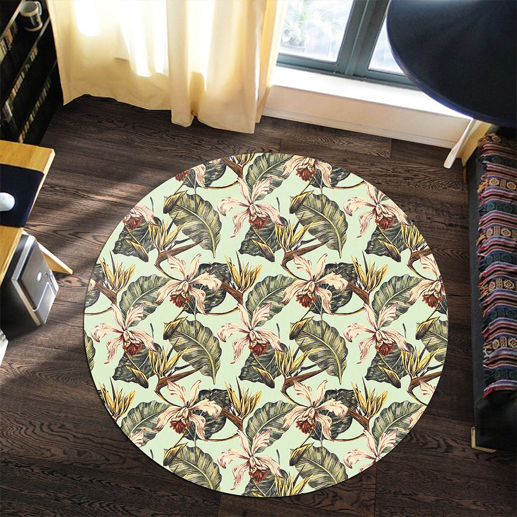 Hawaii Vintage Tropical Jungle Leaves Orchid Bird Round Carpet - AH - Polynesian Pride