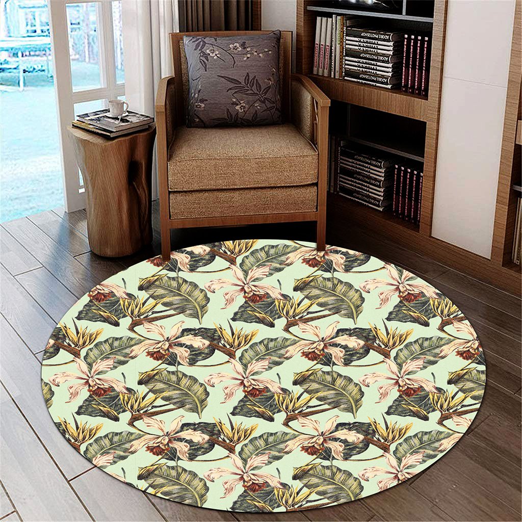 Hawaii Vintage Tropical Jungle Leaves Orchid Bird Round Carpet - AH Round Carpet Luxurious Plush - Polynesian Pride