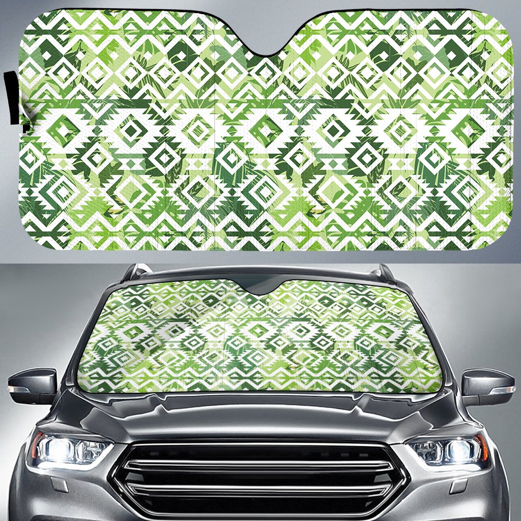Hawaii White Seamless Ethnic Pattern Monstera Leaf Hawaii Car Sun Shade Auto Sun Shade Universal Fit White - Polynesian Pride