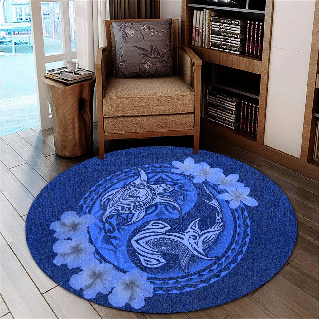 Hawaii Yin Yang Turtle Shark Hibiscus Plumeria Round Carpet - Blue - AH - Polynesian Pride