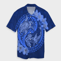 Hawaii Yin Yang Turtle Shark Hibiscus Plumeria Hawaiian Shirt - Blue - AH Unisex Black - Polynesian Pride