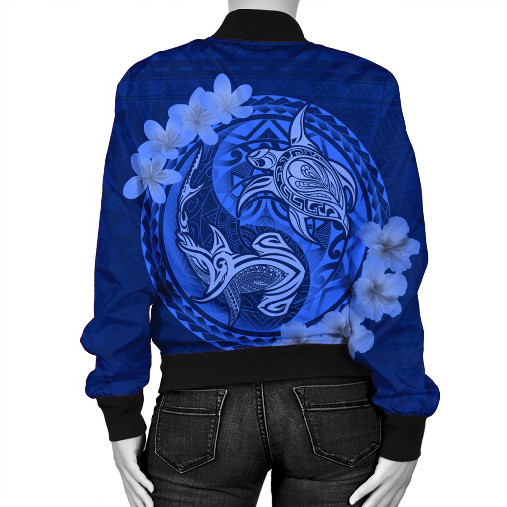 Hawaii Yin Yang Turtle Shark Hibiscus Plumeria Bomber Jacket - Blue - AH - Polynesian Pride