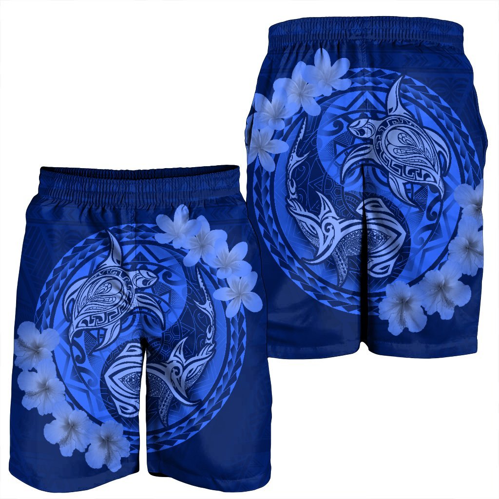 Hawaii Yin Yang Turtle Shark Hibiscus Plumeria Men's Shorts - Blue - AH - Polynesian Pride
