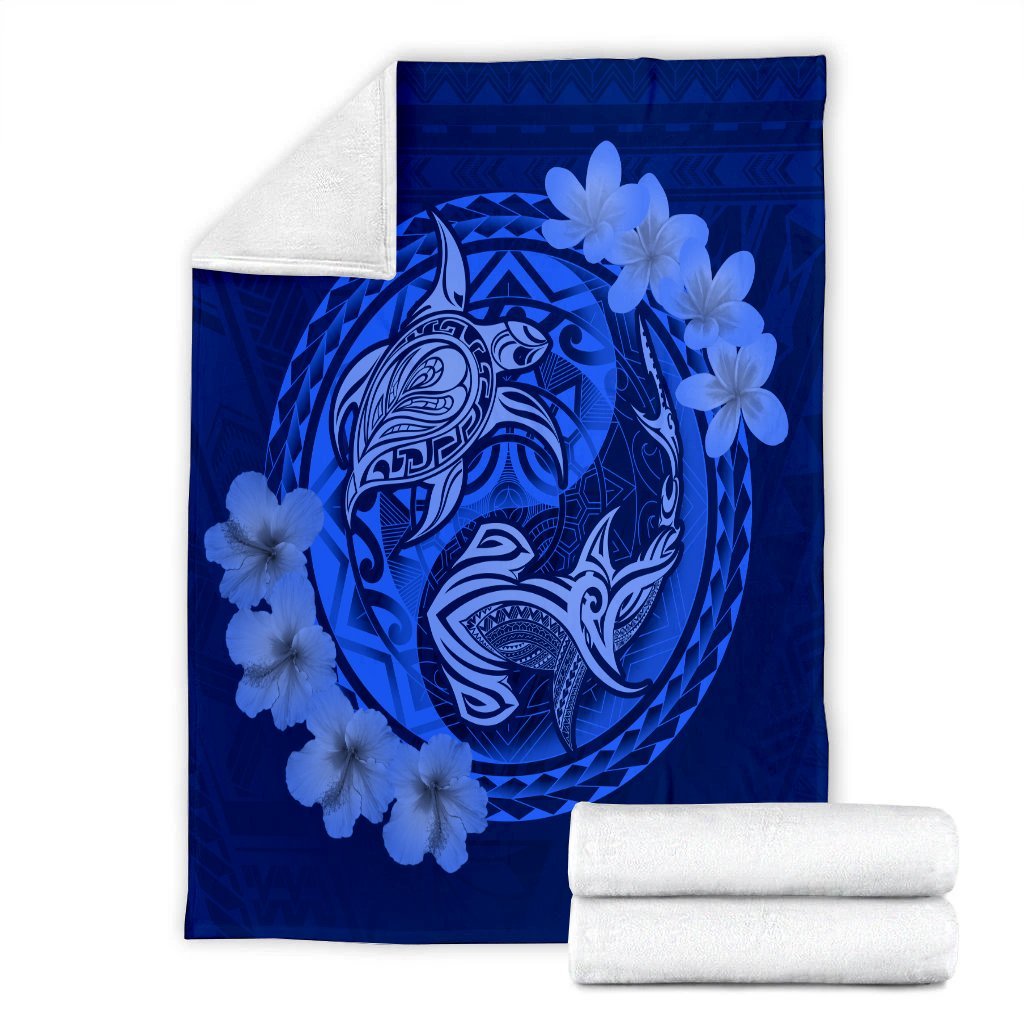 Hawaii Yin Yang Turtle Shark Hibiscus Plumeria Premium Blankets - Blue - AH - Polynesian Pride