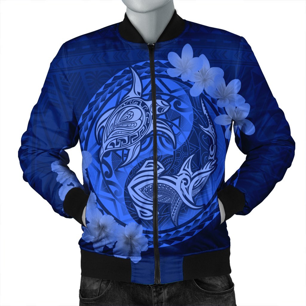 Hawaii Yin Yang Turtle Shark Hibiscus Plumeria Bomber Jacket - Blue - AH Black Unisex - Polynesian Pride