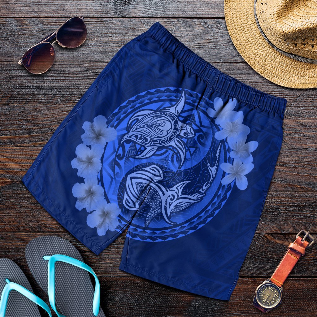 Hawaii Yin Yang Turtle Shark Hibiscus Plumeria Men's Shorts - Blue - AH Art - Polynesian Pride