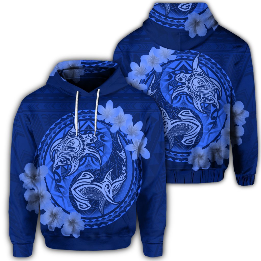 Hawaiian Yin Yang Turtle Shark Hibiscus Plumeria Hoodie Blue Unisex Art - Polynesian Pride