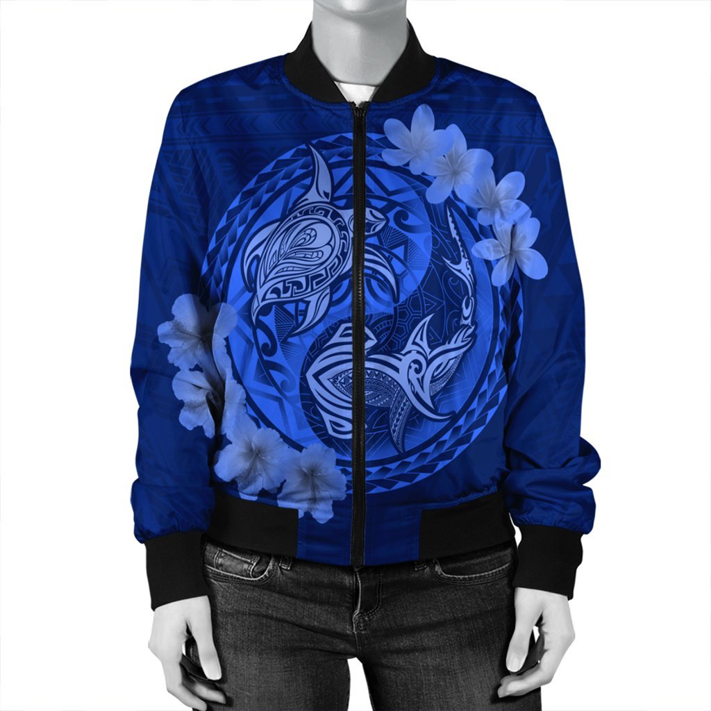 Hawaii Yin Yang Turtle Shark Hibiscus Plumeria Bomber Jacket - Blue - AH - Polynesian Pride