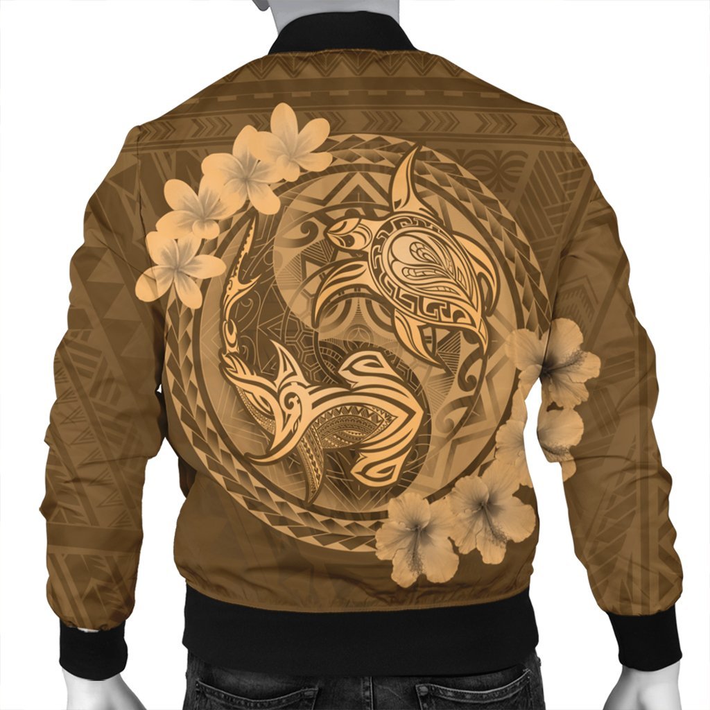 Hawaii Yin Yang Turtle Shark Hibiscus Plumeria Bomber Jacket - Gold - AH - Polynesian Pride