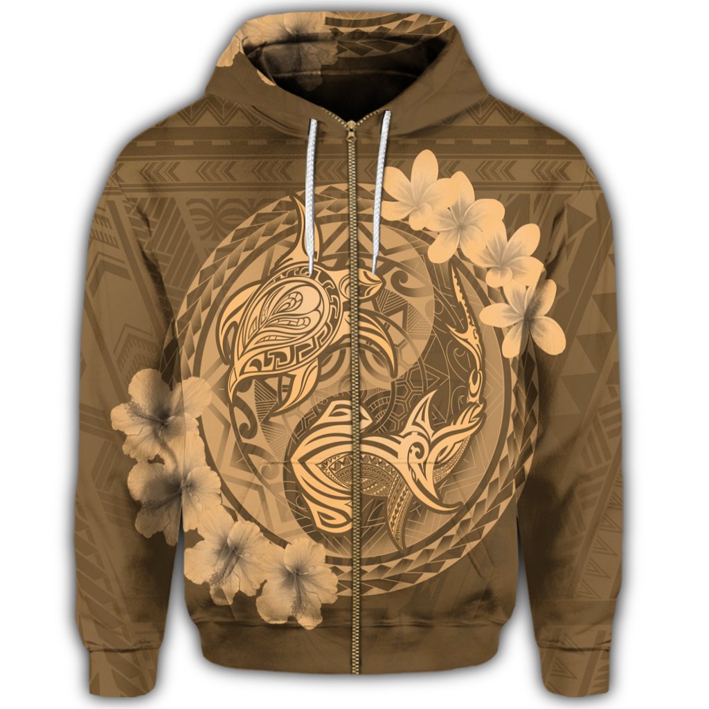 Hawaii Yin Yang Turtle Shark Hibiscus Plumeria Zip Hoodie Gold - Polynesian Pride