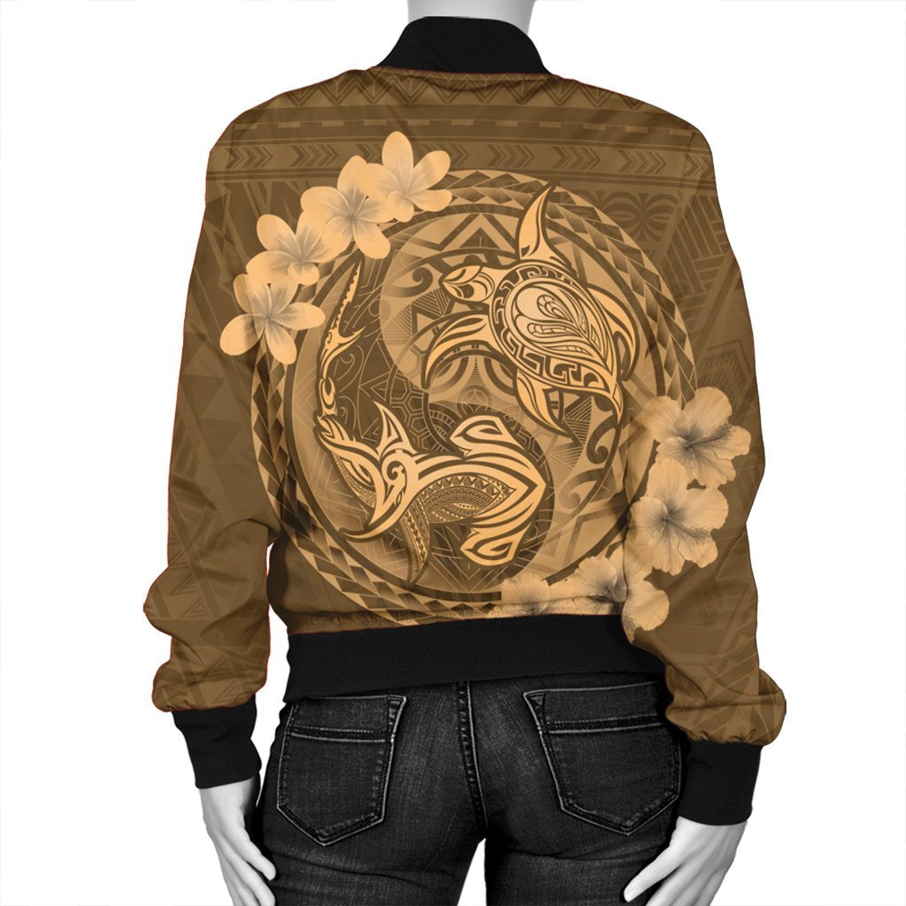 Hawaii Yin Yang Turtle Shark Hibiscus Plumeria Bomber Jacket - Gold - AH - Polynesian Pride