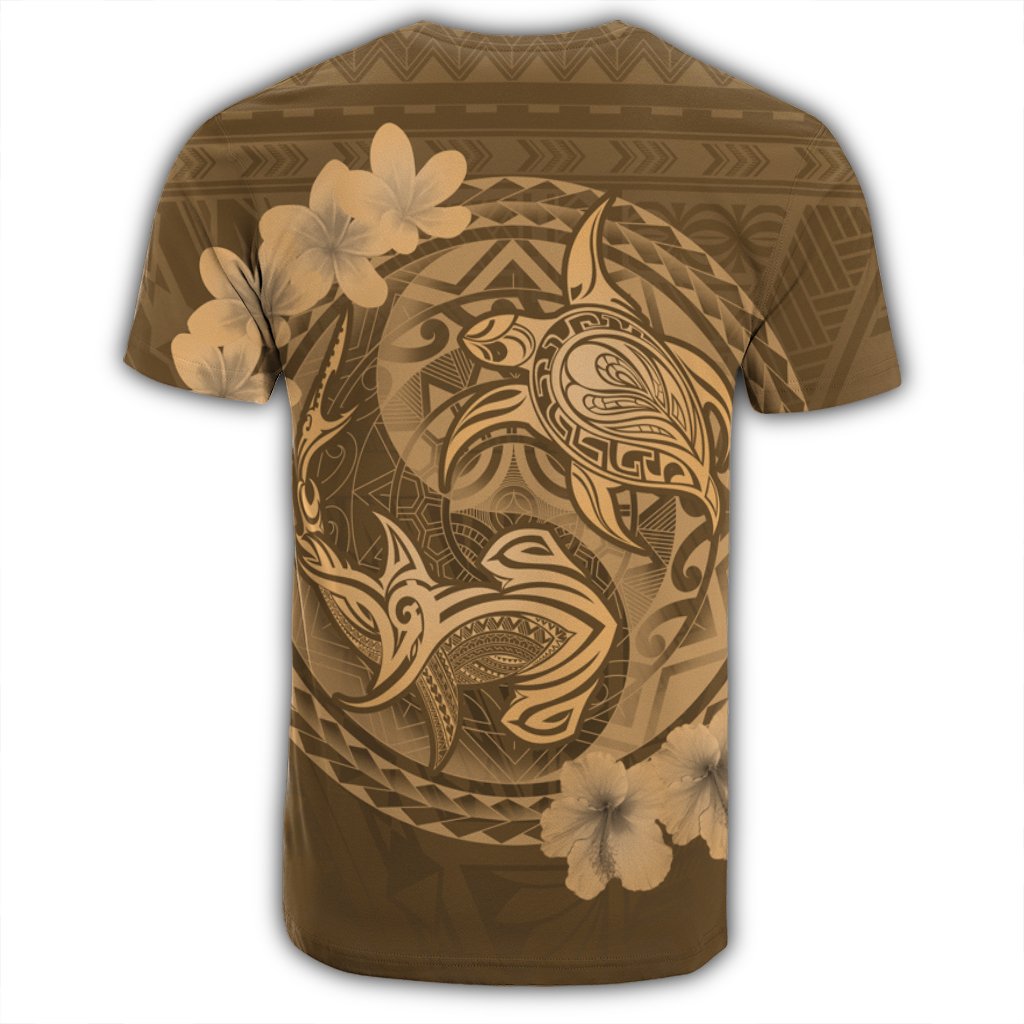 Hawaii Yin Yang Turtle Shark Hibiscus Plumeria T Shirt Gold - Polynesian Pride