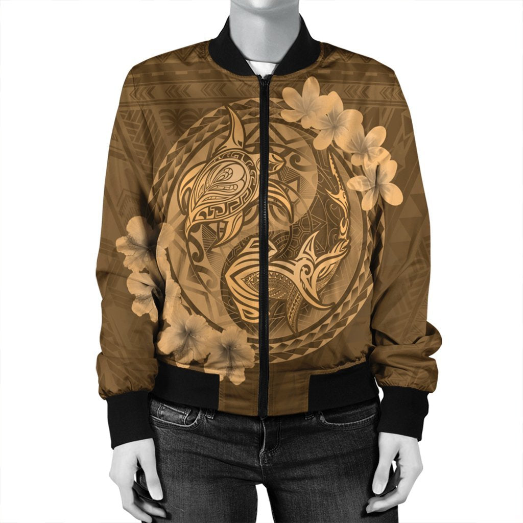 Hawaii Yin Yang Turtle Shark Hibiscus Plumeria Bomber Jacket - Gold - AH - Polynesian Pride