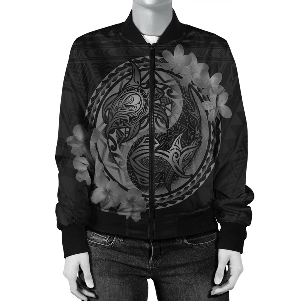 Hawaii Yin Yang Turtle Shark Hibiscus Plumeria Bomber Jacket - Gray - AH - Polynesian Pride