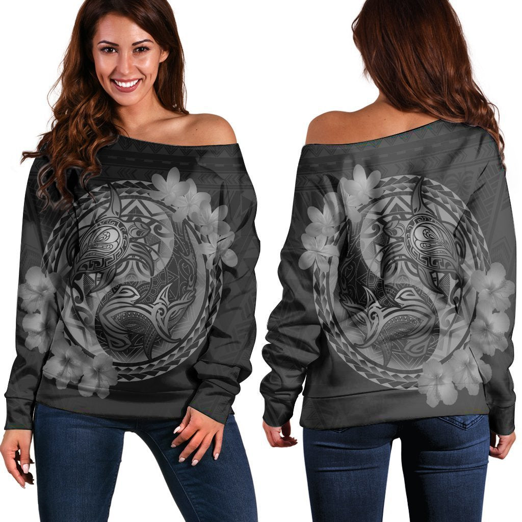 Hawaii Yin Yang Turtle Shark Hibiscus Plumeria Women's Off Shoulder Sweater - Gray - AH Black - Polynesian Pride