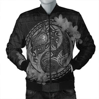 Hawaii Yin Yang Turtle Shark Hibiscus Plumeria Bomber Jacket - Gray - AH Black Unisex - Polynesian Pride