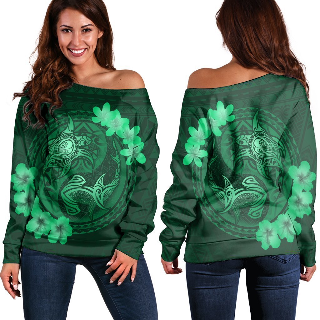 Hawaii Yin Yang Turtle Shark Hibiscus Plumeria Women's Off Shoulder Sweater - Green - AH Black - Polynesian Pride