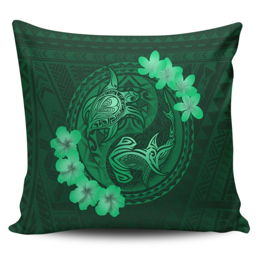 Hawaii Yin Yang Turtle Shark Hibiscus Plumeria Pillow Covers - Green - AH Pillow Covers Black - Polynesian Pride