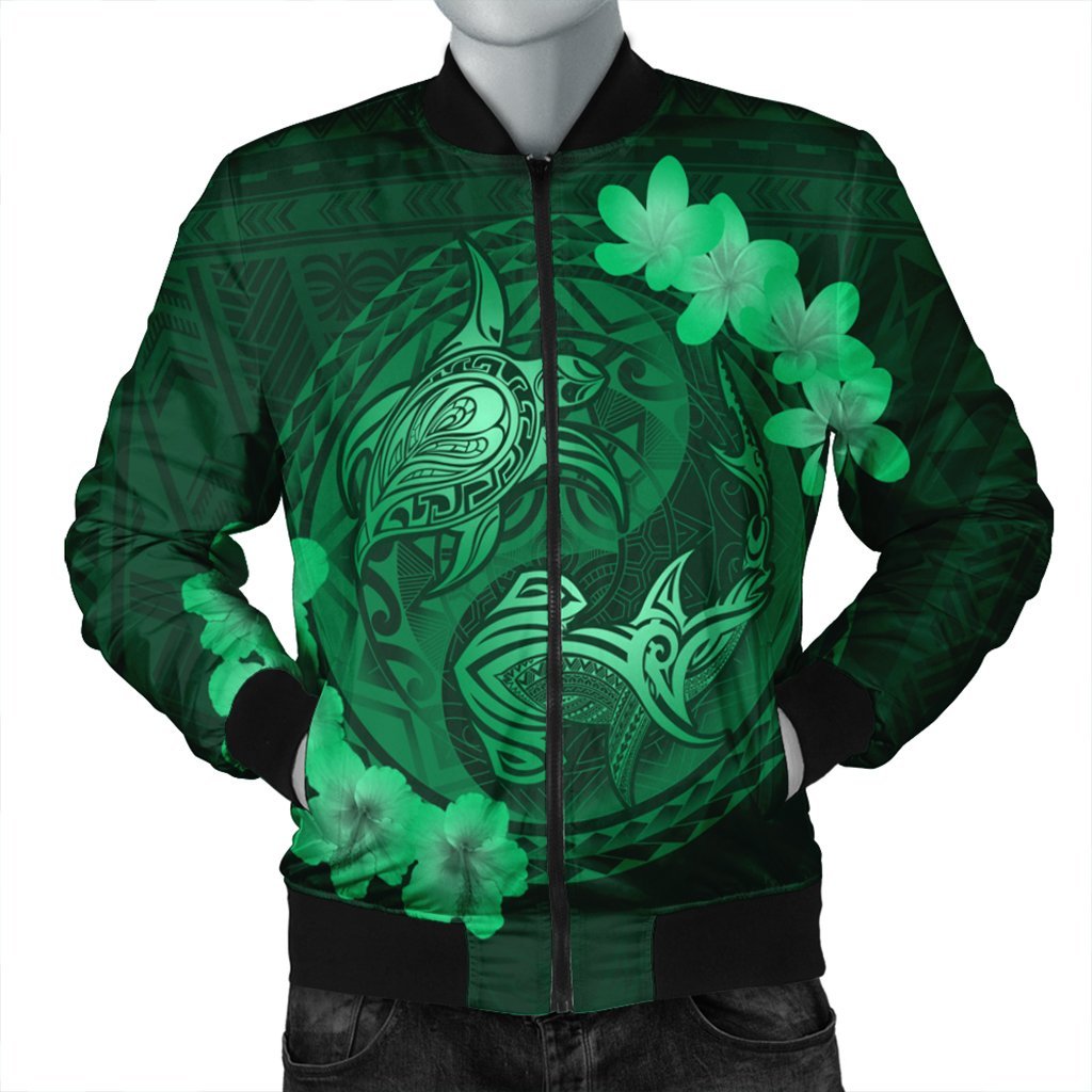 Hawaii Yin Yang Turtle Shark Hibiscus Plumeria Bomber Jacket - Green - AH Black Unisex - Polynesian Pride