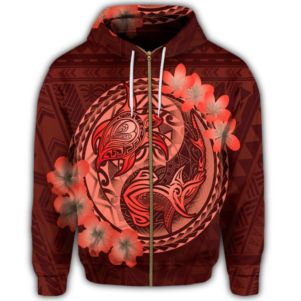 Hawaii Yin Yang Turtle Shark Hibiscus Plumeria Zip Hoodie Orange - Polynesian Pride