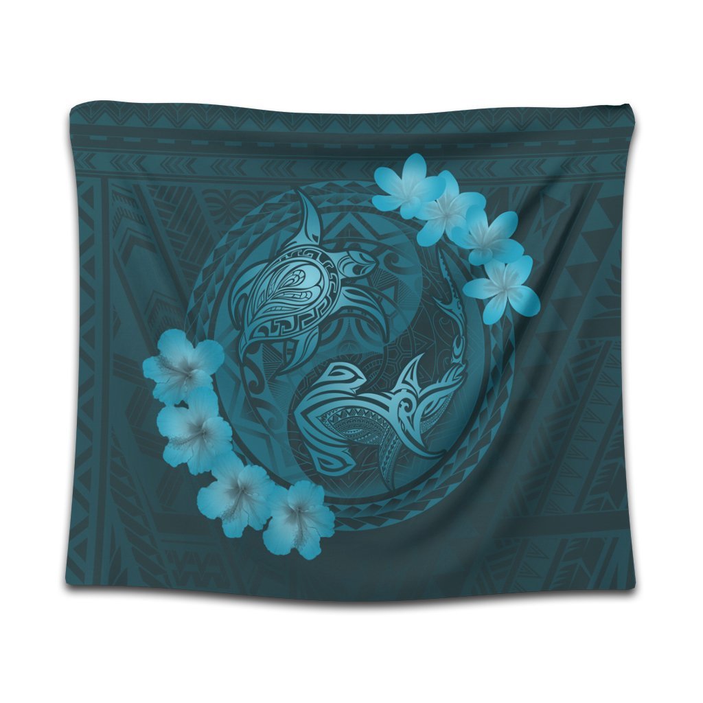 Hawaii Yin Yang Turtle Shark Hibiscus Plumeria Tapestry - Pastel - AH Wall Tapestry Black - Polynesian Pride