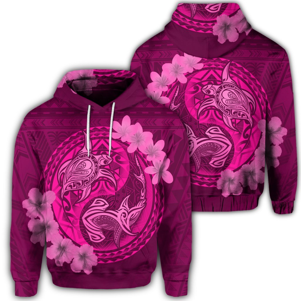 Hawaiian Yin Yang Turtle Shark Hibiscus Plumeria Hoodie Pink Unisex Art - Polynesian Pride