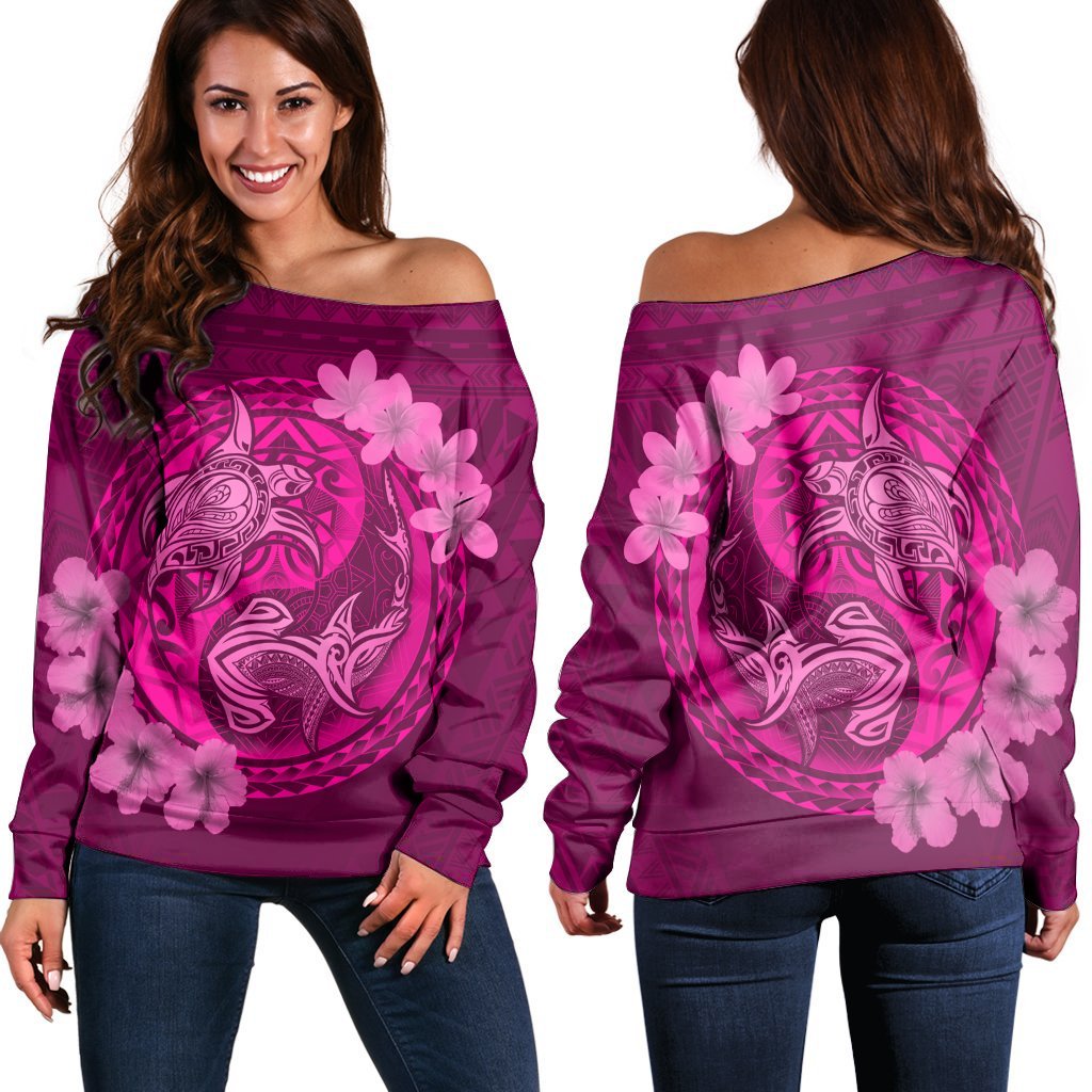 Hawaii Yin Yang Turtle Shark Hibiscus Plumeria Women's Off Shoulder Sweater - Pink - AH Black - Polynesian Pride