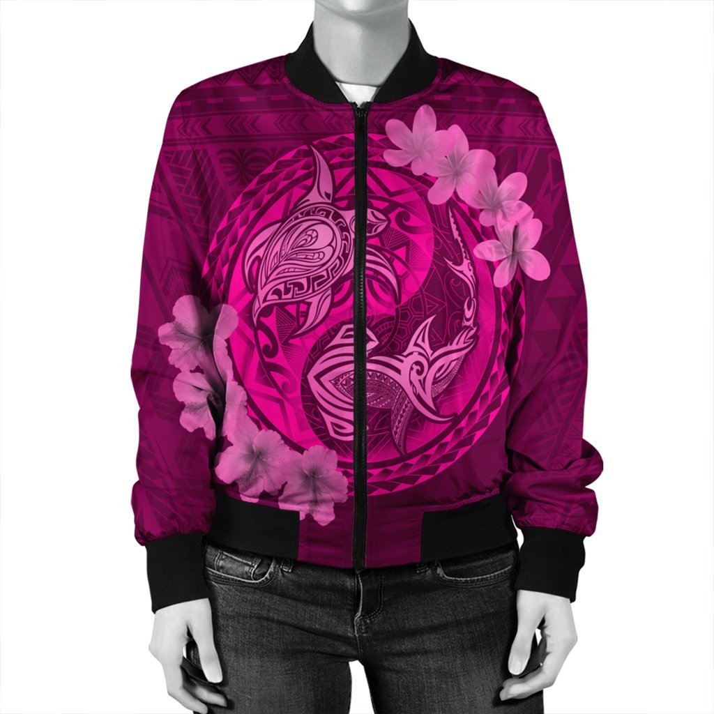 Hawaii Yin Yang Turtle Shark Hibiscus Plumeria Bomber Jacket - Pink - AH - Polynesian Pride