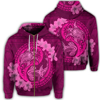Hawaii Yin Yang Turtle Shark Hibiscus Plumeria Zip Hoodie Pink Unisex Art - Polynesian Pride