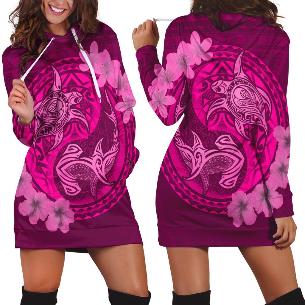 Hawaii Yin Yang Turtle Shark Hibiscus Plumeria Hoodie Dress - Pink - AH Black - Polynesian Pride