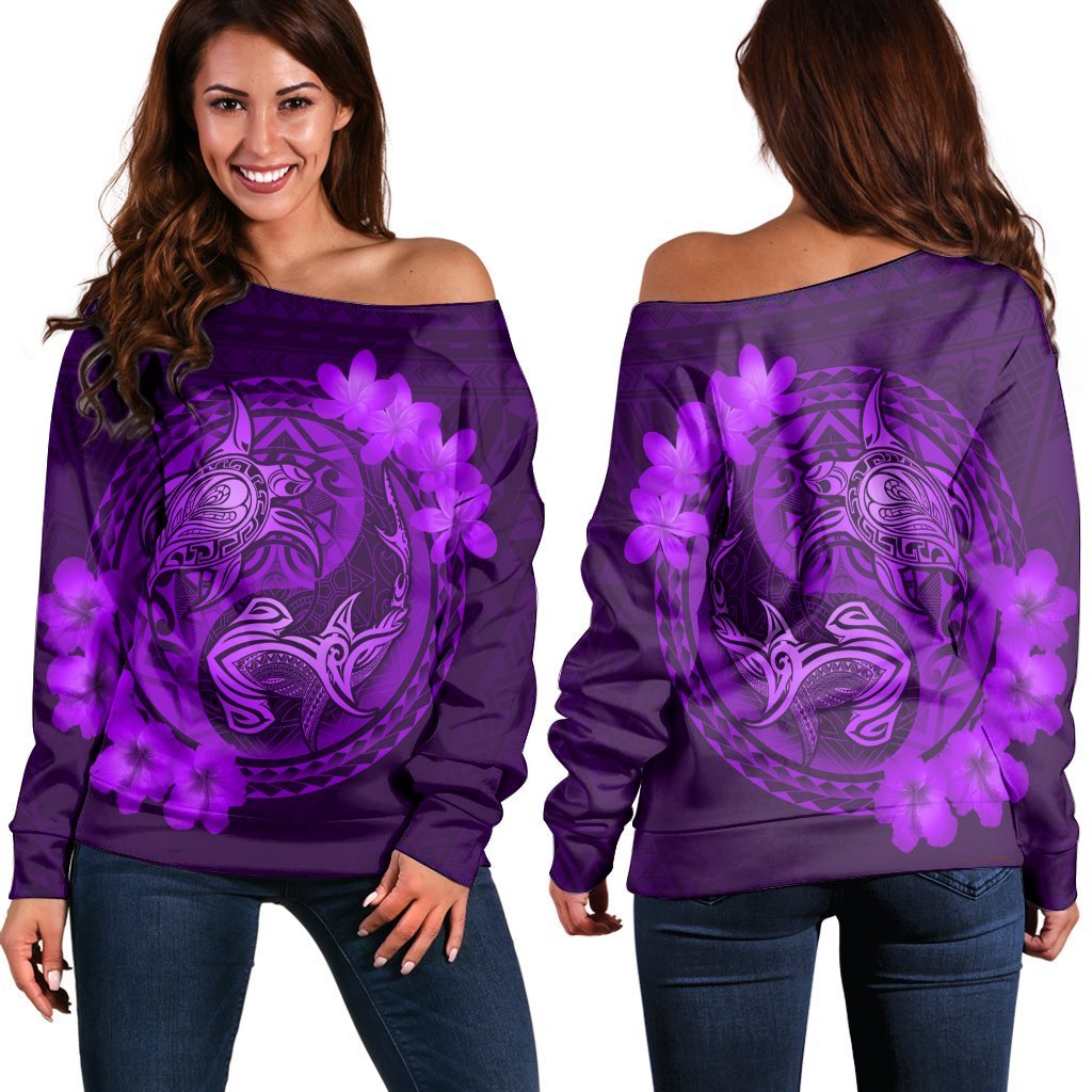 Hawaii Yin Yang Turtle Shark Hibiscus Plumeria Women's Off Shoulder Sweater - Purple - AH Black - Polynesian Pride