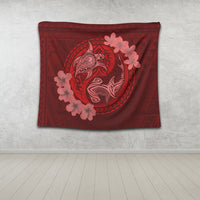 Hawaii Yin Yang Turtle Shark Hibiscus Plumeria Tapestry - Red - AH - Polynesian Pride