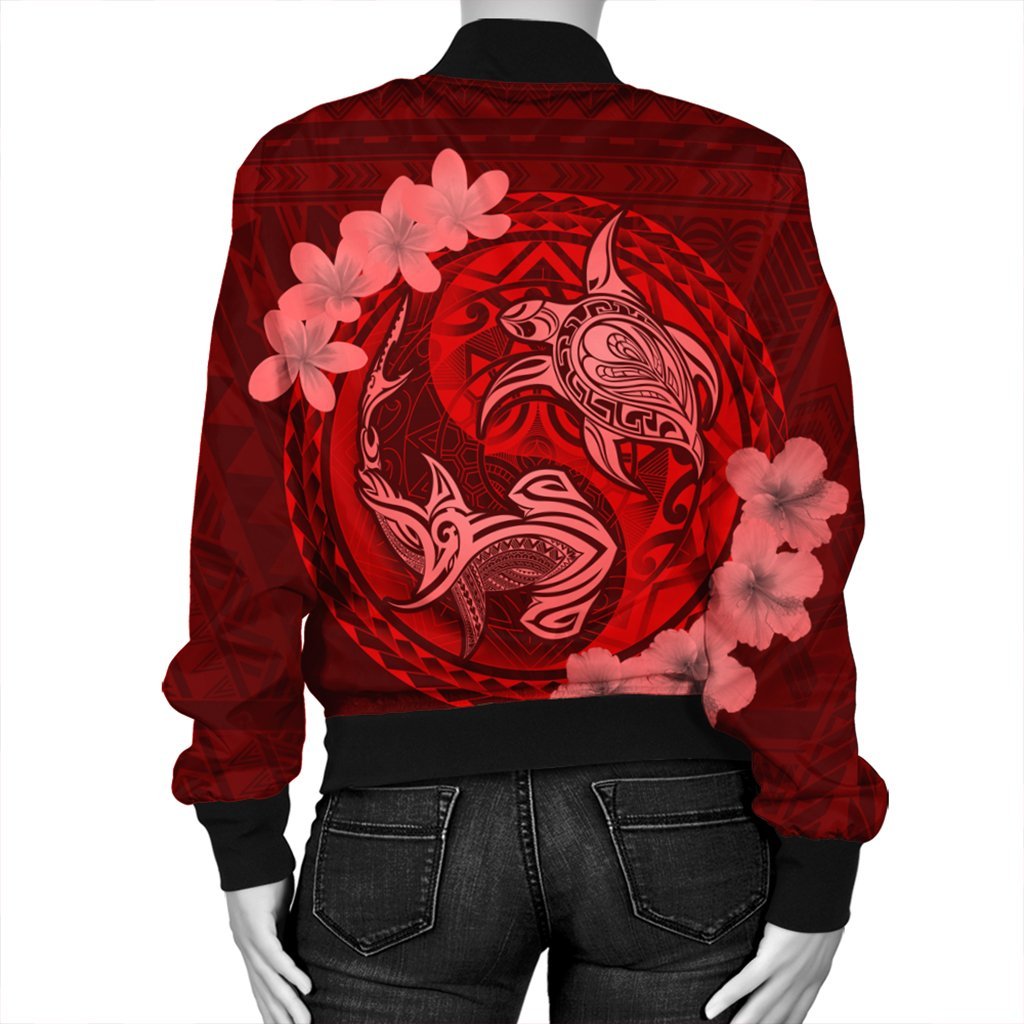 Hawaii Yin Yang Turtle Shark Hibiscus Plumeria Bomber Jacket - Red - AH - Polynesian Pride