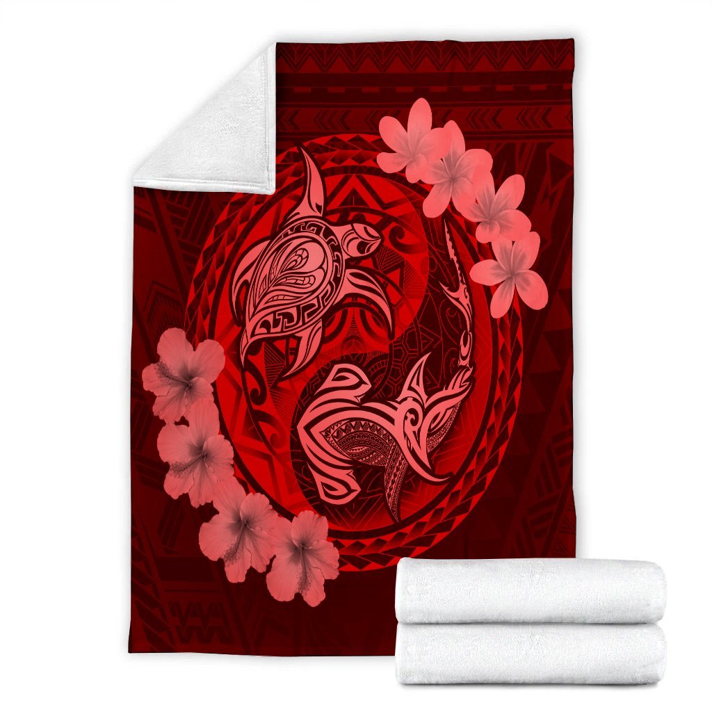 Hawaii Yin Yang Turtle Shark Hibiscus Plumeria Premium Blankets - Red - AH - Polynesian Pride