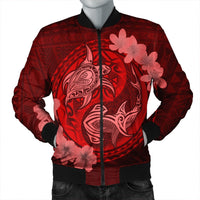 Hawaii Yin Yang Turtle Shark Hibiscus Plumeria Bomber Jacket - Red - AH Black Unisex - Polynesian Pride