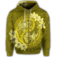 Hawaii Yin Yang Turtle Shark Hibiscus Plumeria Zip Hoodie Yellow - Polynesian Pride